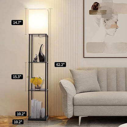 Floor Lamp with Shelves, Modern Square Standing Lamp with 3 Color Temperature Bulb, Corner Display Bookshelf Lamp for Living Room, Bedroom and Office (Black-2 Pack)