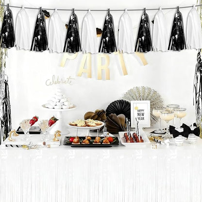 3P Black White Tassel Banner Garland Metallic Foil Fringe Banner Tinsel Tassels Streamer Banner Backdrop for Parade Floats Graduation, Halloween, Christmas, Father's Day Party Decorations