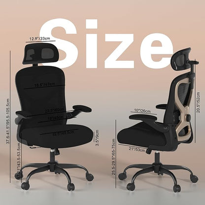 Ergonomic Office Chair, Mesh Desk Chair with Headrest, Lumbar Support, Thick Seat Cushion, Flip-up Arms, High Back Computer Task Chairs for Home Office, Black/Gold