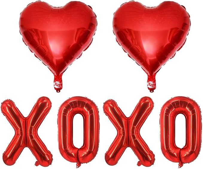 6 Pcs Red Heart Shaped Balloons Red Letters XOXO Valentine Balloons for Valentines Day Bridal Shower Wedding Party Decorations