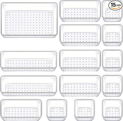 Drawer Organizers Set of 15, 4 Sizes Clear Plastic Drawer Organizers and Storage Bins for Kitchen, Bathroom, Office, Dresser Desk Drawer Organizer Tray for Jewelry, Makeup, Junk, Gadgets