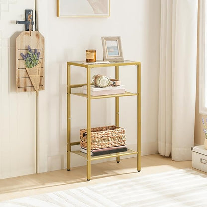 HOOBRO Gold Side Table, Tall Telephone End Table with Mesh Shelves, 3-Tier Nightstand with Tempered Glass Tabletop, for Living Room, Bedroom, Gold GD04DH01