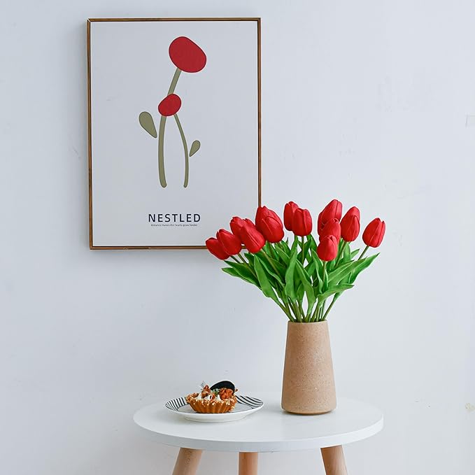 ONLY ART Artificial Red Tulips 20 Pcs – 13.5 Inch PU Faux Flowers with Bendable Stems for Home Décor, Wedding Centerpieces, DIY Floral Arrangements, Table Decorations