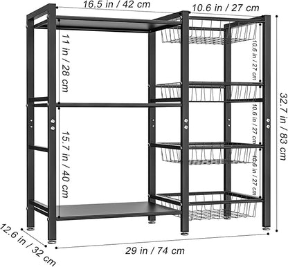 Storage Rack Kitchen Baker's Rack - 3 Tiers 4 Baskets, Utility Coffee Bar, Air Fryer Stand with Steel Mesh Baskets