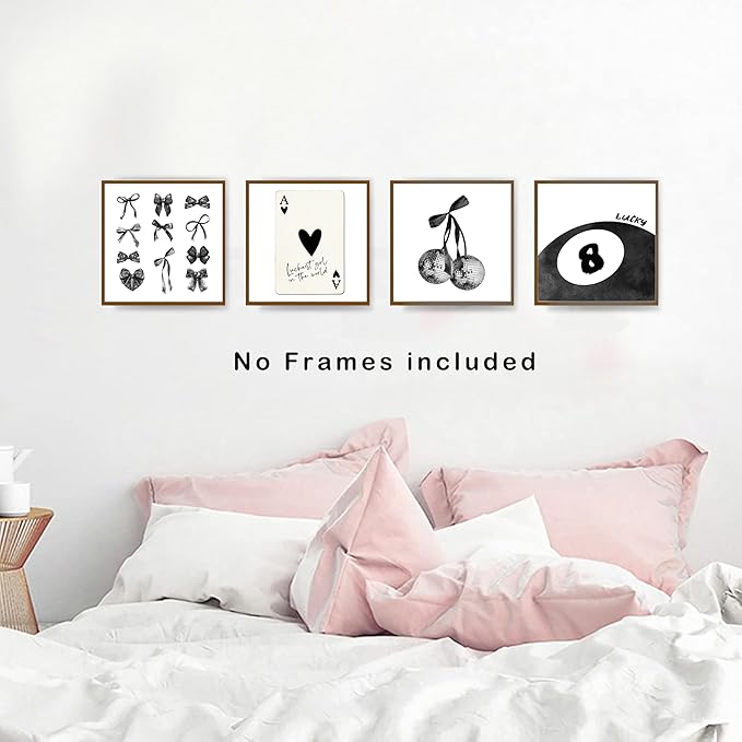 okaxscm Black Coquette Trendy Preppy Wall Art Prints Set of 4,Coquette Room Decor,Preppy Room Decor Aesthetic, Black Bow Disco 8 Ball Cherry Wall Decor Posters for Girls Bedroom Dorm, 10x10 Unframed