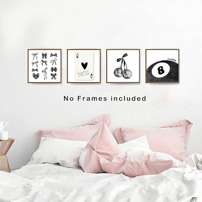 okaxscm Black Coquette Trendy Preppy Wall Art Prints Set of 4,Coquette Room Decor,Preppy Room Decor Aesthetic, Black Bow Disco 8 Ball Cherry Wall Decor Posters for Girls Bedroom Dorm, 10x10 Unframed