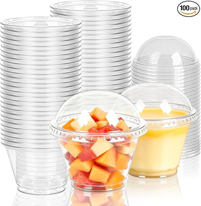 100 Sets 7oz Clear Plastic Cups with Dome Lids (No Hole), Disposable Dessert Cups for Fruit, Parfait, Pudding, Yogurt, Ice Cream, Snack, PET