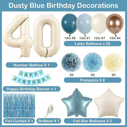 Dusty Blue 40th Birthday Party Decorations for Women Men Beige Cream Number 40 Balloon with Blue Gold Happy Birthday Banner Fringe Curtain Paper Pom Poms Nude White Sand Champagne Star Foil Balloons