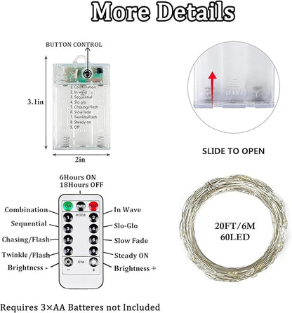 4 Pack White Fairy Lights Battery Operated with Remote, Waterproof 20FT 60LED Cuttable Twinkle Lights with Timer Indoor Outdoor, String Light for Bedroom, Classroom, Wedding, DIY, Christmas Décor