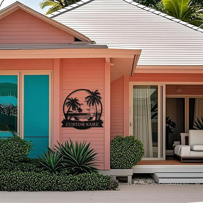 Custom Beach Metal Sign - Personalized Family Name Sign, Tropical Palm Trees Sign, Custom Last Name Sign, Beach Coastal Lake House Decor, Gift for Mother's Day, Housewarming Wedding Outdoor Patio Pool