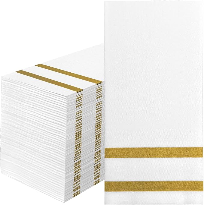 50 Pack Napkins Disposable Guest Towels Linen-Feel Decorative Napkins Soft and Absorbent Dinner Paper Hand Towels for Bathroom Party Powder Room Hotel Fancy Restaurant (50, Gold Line)