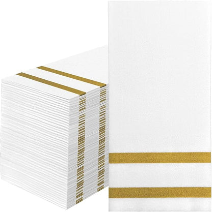 50 Pack Napkins Disposable Guest Towels Linen-Feel Decorative Napkins Soft and Absorbent Dinner Paper Hand Towels for Bathroom Party Powder Room Hotel Fancy Restaurant (50, Gold Line)