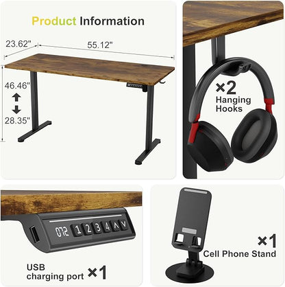 Furmax Electric Standing Desk, 55 x 24 Inches Sit Stand up Desk, Sit Stand Height Adjustable Home Office Desk with 4 Height Position Memory - with Splice Board (Rustic Brown, 55)