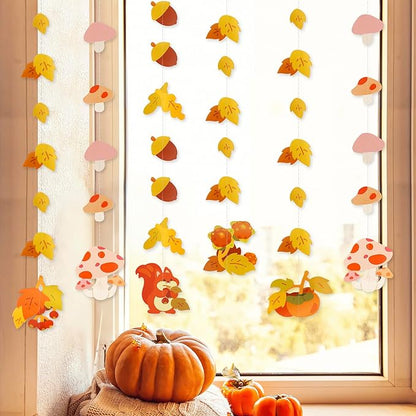 Dayker Autumn Party Decoration, Reusable Mushroom Maple Leaf Hanging Garland, 22.64ft Fall Squirrel Banner for Thanksgiving Harvest Festival Christmas Birthday and Wedding Backdrop