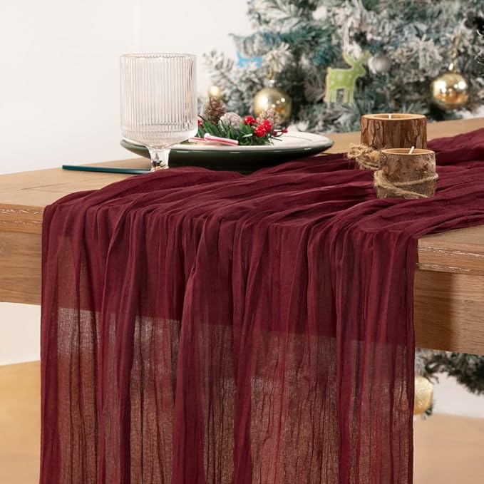 MLMC 8 Pack Burgundy Cheesecloth Table Runner Boho Rustic Gauze Fall Wine Red Cheese Cloth Table Runner Cheese Cloth Decor 35x120 Inches for Wedding Winter Reception Christmas Home Decor