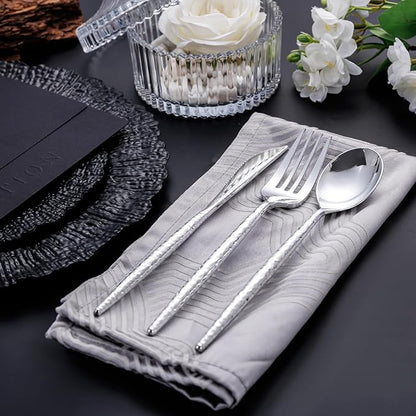 SUT 150PCS Silver Plastic Silverware, Disposable Utensils, Includes 50 Knives, Forks and Spoons, Hammered Silverware Set, Silver Cutlery. Plastic Silverware Heavy Duty for Party/Wedding