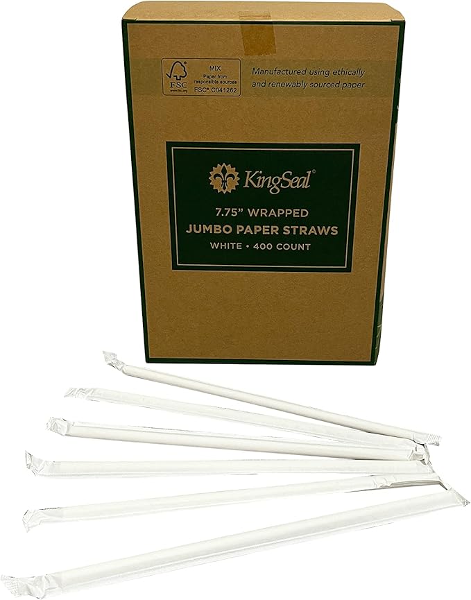 400 Count | Kingseal Disposable PAPER Drinking Straws, FSC Certified, Paper Wrapped, WHITE, 7.75 Inch Length x 6mm Diameter, "Jumbo" Size, Biodegradable, Earth Friendly, Bulk Pack - 400 Straws Per Box