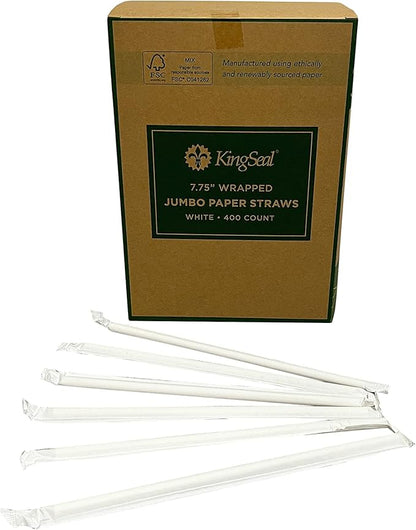 400 Count | Kingseal Disposable PAPER Drinking Straws, FSC Certified, Paper Wrapped, WHITE, 7.75 Inch Length x 6mm Diameter, "Jumbo" Size, Biodegradable, Earth Friendly, Bulk Pack - 400 Straws Per Box