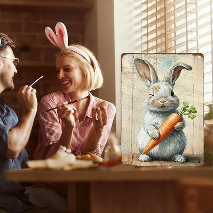 Charming Easter Bunny Metal Sign Vintage Bunny Carrots Rustic Farmhouse Wall Art For Spring Home Decor Living Room Bedroom Kitchen 12x16Inch