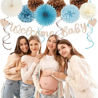 Dusty-Light Blue-Brown Baby Shower Party-Decorations - 22pcs Boys Welcome Baby Banner, White Paper Lanterns Streamers, Coffee Tissue Pom Poms Flowers Fans Decor Hugmoon