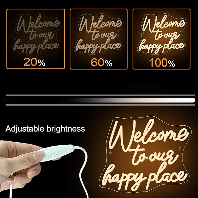 NOSUN WELCOME TO OUR HAPPY PLACE Neon Sign Happy Place Neon Signs for Wall Decor Dimmable Warm White LED Signs for Bedroom Classroom Man Cave Home Bar Birthday Party Game Zone Decor Neon Classroom Sign