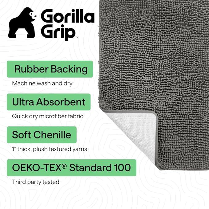 GORILLA GRIP Bath Rug Mat, Thick Soft Absorbent Chenille, Quick Dry Microfiber Mats, Rubber Backing Washable Shower Floor Rugs, US Designed Bathroom Bathmat Home Decor Accessories, 24x17, Charcoal