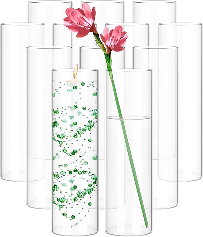 12 Pack Glass Cylinder Vases 12 Inch Tall Clear Flower Vase for Centerpieces, Hurricane Floating Candle Holder Wedding Decorations, Floral Vase Bulk for Table Shelf Party Home Deco (12 x 3.35 Inch)