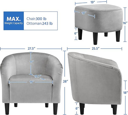 Yaheetech Accent Chair with Foot Rest, Mid Century Modern Upholstered Soft Barrel Chair Comfy Fabric Armchair and Footrest Set for Living Room/Bedroom/Reading Room, Gray, 2pcs