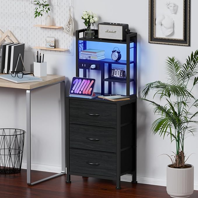 Furnulem Tall Night Stand with 3 Fabric Drawers and LED Lights, Nightstand with Bookshelf, 45.3inch Tall Bedside Tables with USB Ports in Bedroom, Dorm, Office,Metal Frame, Wood Shelves (Black Oak)