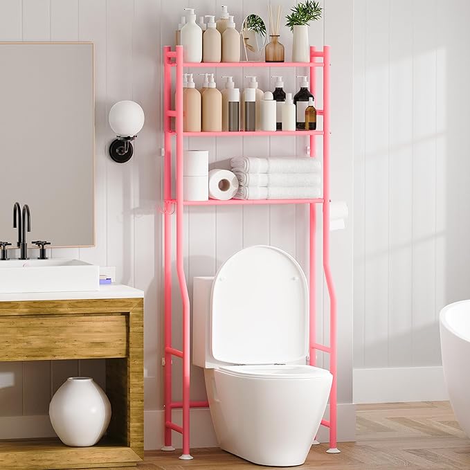 3-Tier Over Toilet Storage with Anti-Tilt Safety System - 150lb Total Capacity Metal Bathroom Shelves Including Paper Holder & 4 Hooks, Space Saving Above Commode Organizer (64" H, Pink)
