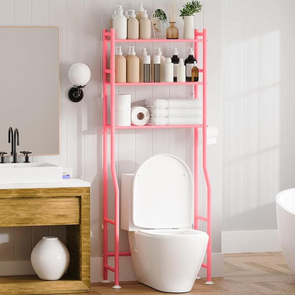 3-Tier Over Toilet Storage with Anti-Tilt Safety System - 150lb Total Capacity Metal Bathroom Shelves Including Paper Holder & 4 Hooks, Space Saving Above Commode Organizer (64" H, Pink)