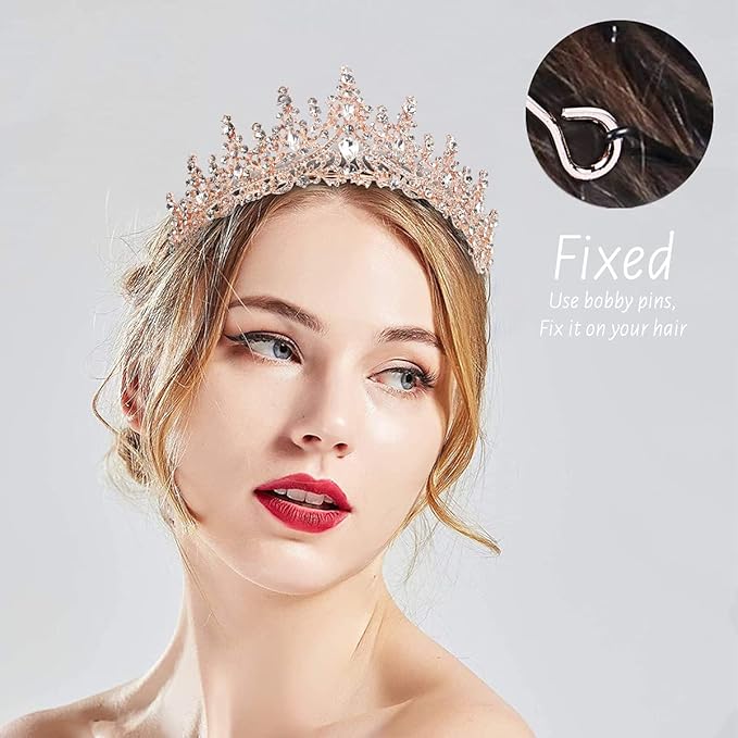 TOBATOBA Crystal Wedding Tiara for Women Rose Gold Crown Royal Queen Headband Metal Princess Bride Quinceanera Headpieces Birthday Prom Pageant Halloween Costume Cosplay