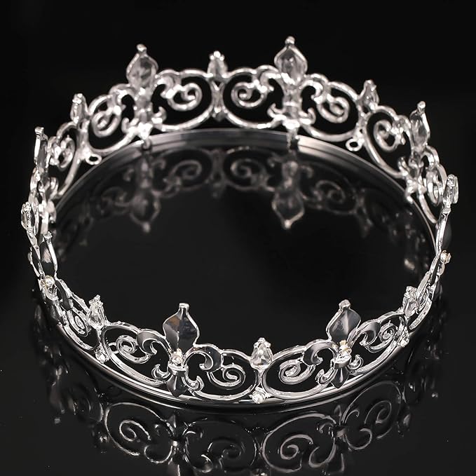 FORSEVEN Full Round King Crown- Metal Rhinestone Crowns and Tiaras for Women and Men Party Prom (HG340 Silver)