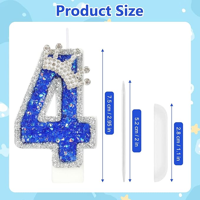 Blue Birthday Candle Crown Number Candle with Sequins Cake Candles Cupcake Decorations Party Decor for Anniversary Celebrations Supplies