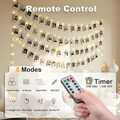 suddus 33ft 100 LED Fairy Lights with Clips for Pictures, Photo Lights with Remote USB Powered & Battery Operated with 45 Clear Clips, String Lights for Party, Bedroom, Decoration, Warm White