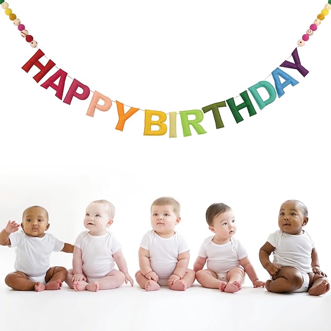 Pre-Strung 3D Felt Happy Birthday Banner - Reusable Rainbow Happy Birthday Decorations Sign,Handmade Wool Felt Ball Garland, Pom Pom Garland, Personalized Holiday Sign, Party Decor, Photo Prop