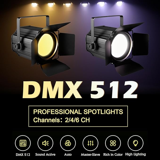 200W LED Stage Light, COB Par Lights with Barn Doors, DMX Blinder Stage Lighting Sound Activated for Wedding Live Show Christmas Party (Warm White & Cool White 1PC)