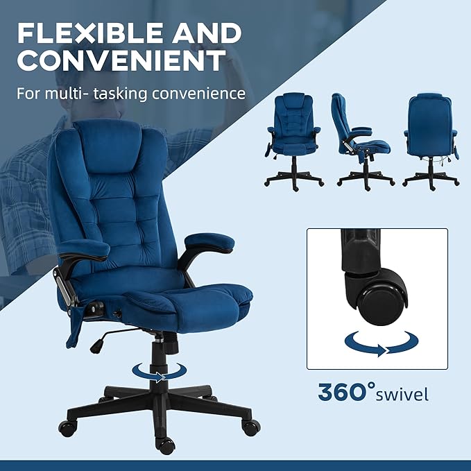 HOMCOM Executive Office Chair with 6 Points Vibration Massage and Heated Lumbar Support, Velvet High Back Computer Chair with Reclining Backrest, Tilt Function and Padded Armrests, Drak Blue