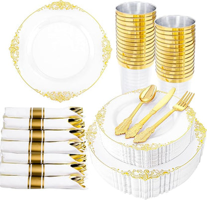 Hioasis 210pcs White and Gold Plastic Plates - Disposable Dinnerware Set Suitable for 30 Guests Include 10.25" Dinner & 7.5" Dessert Plates, Pre Rolled Silverware Set, Cups for Party & Wedding