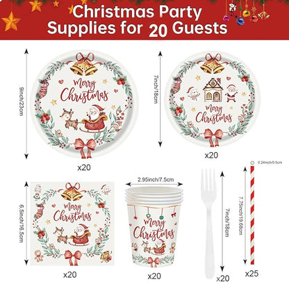 125PCS Christmas Party Paper Plates and Napkins Forks Cups Set for 20 Guests, Santa Claus Snowman Disposable Dinnerware Set Party Supplies (White)