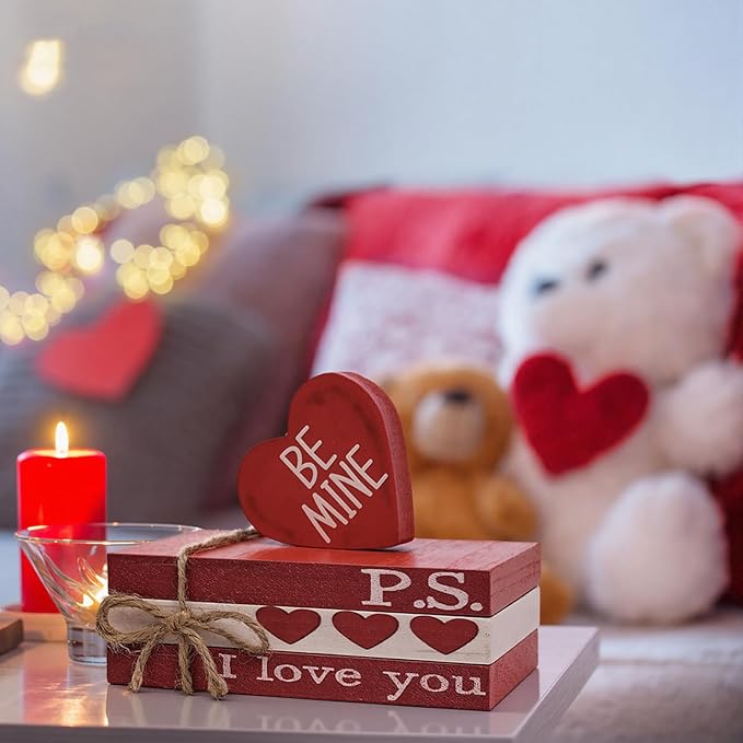 Smile Valentine's Day Wooden Book Decor, Be Mine, I Love You, Heart - Themed Shelf Signs, Valentine Indoor Decoration