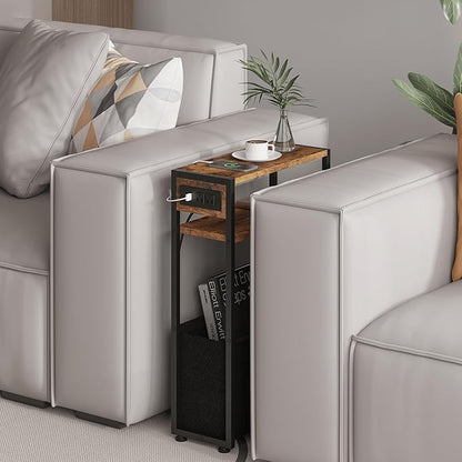 Narrow Side Table, Slim End Tables with Fabric Basket, Skinny Table for Small Spaces, Thin Bedside Table for Living Room, Bedroom (1, Rustic Brown - Outlet)