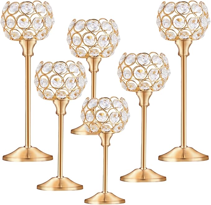 Crystal Candle Holders Set of 3 for Wedding Centerpieces Gold Or Silver Candle Holders Bulk Decorative Tealight Candle Holder for Wedding, Party,Table Centerpieces Decoration (Golden, 2 Sets(6 Pcs))
