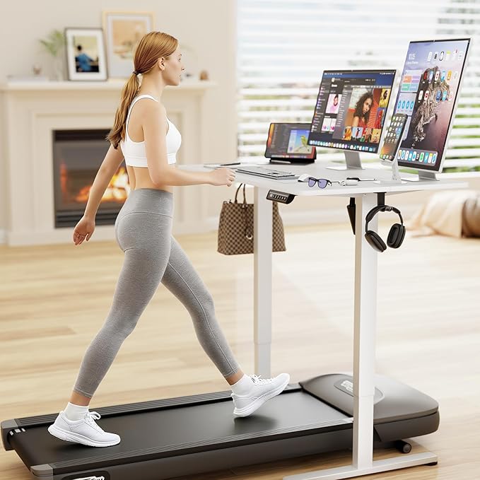 Furmax Electric Standing Desk, 40 x 24 Inches Sit Stand up Desk, Sit Stand Height Adjustable Home Office Desk with 4 Height Position Memory - with Splice Board (White, 40)