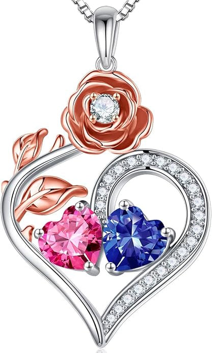 Iefil Rose Heart Birthstone Necklaces for Women - 925 Sterling Silver Double Birthstone Necklace, Anniversary Birthday Gifts for Women, Jewelry Gifts for Wife Her
