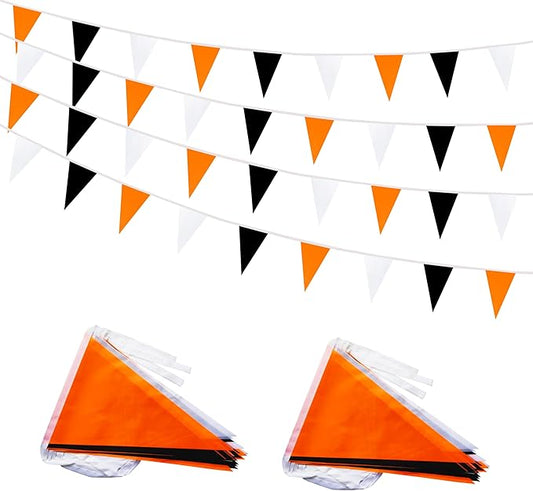 100 Feet 60 Pcs Orange White and Black Pennant Banner Flag String Hanging Triangle DIY Flag, Bunting Streamers Decoration for Grand Opening, Birthday, Wedding Celebration (Orange White & Black)
