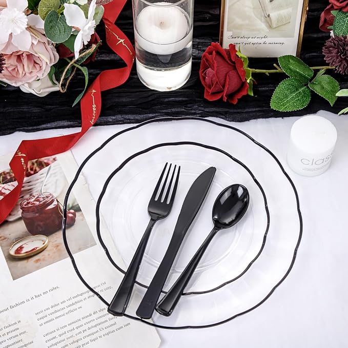 EI 150pcs Clear and Black Plastic Plates Dinnerware Disposable Party Set for 30Guests,Dinnerware Include 60 Clear Plates Disposable 90 Black Silverware,Perfect for Party,Christmas,New Year