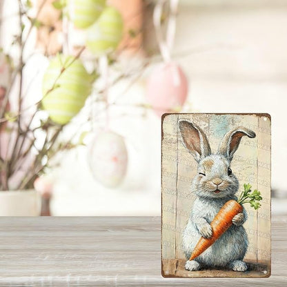 Charming Easter Bunny Metal Sign Vintage Bunny Carrots Rustic Farmhouse Wall Art For Spring Home Decor Living Room Bedroom Kitchen 8x12Inch