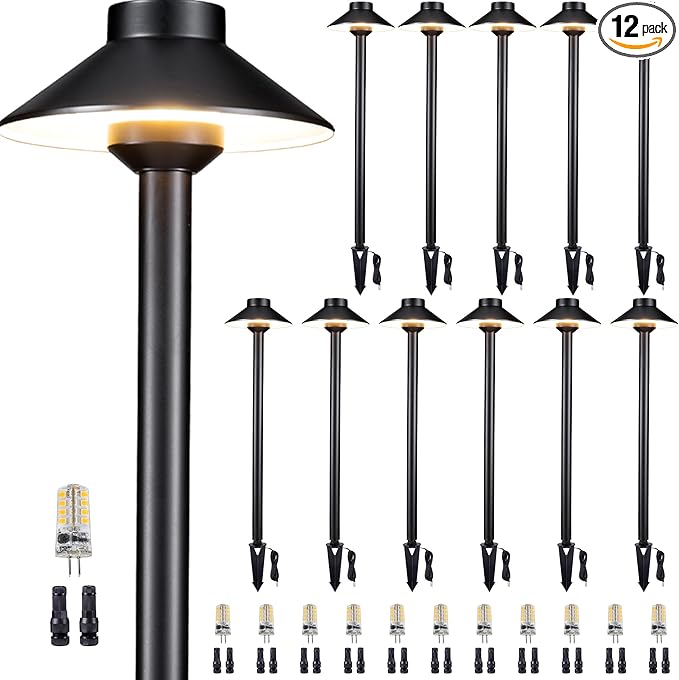 Gardenreet Solid Cast Brass Pathway Light - 12v Landscape Path Lights Outdoor Waterproof, Electric Walkway Lamp Wired, Hat Shape Black Garden Decorations with 3W 2700K Warm White G4 Bulb (12 Pack)