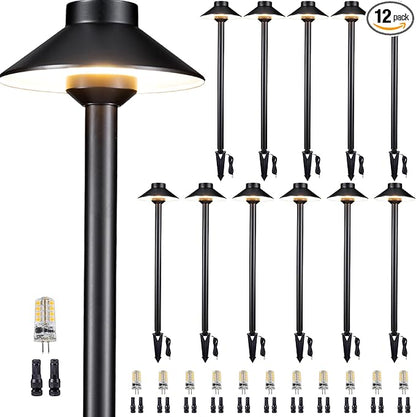Gardenreet Solid Cast Brass Pathway Light - 12v Landscape Path Lights Outdoor Waterproof, Electric Walkway Lamp Wired, Hat Shape Black Garden Decorations with 3W 2700K Warm White G4 Bulb (12 Pack)
